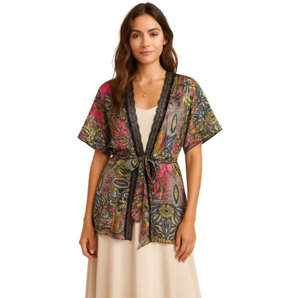 Cabi Kimono Jacket Womens sz L Black Lace Trim Paisley Boho Festival Tie‎ Waist